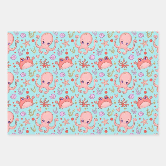 Feuille De Papier Cadeau Cute calmar et crabe Marine Life Blue (Devant 2)