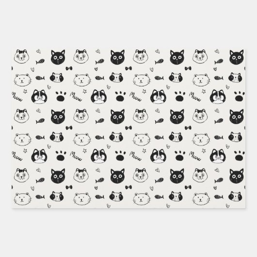 Feuille De Papier Cadeau Cute Cat Doodle Pattern – Black and White Cat Face (Devant)
