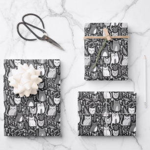 Feuille De Papier Cadeau Cute Cats Botanique Floral Motif Gris Blanc Cadeau