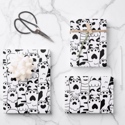 Feuille De Papier Cadeau Cute Cats Paws Motif noir blanc (Recto)