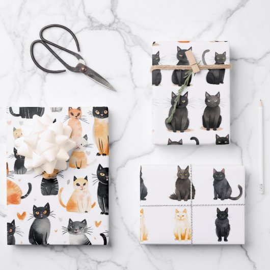 Feuille De Papier Cadeau Cute Chats Noirs Orange (Recto)
