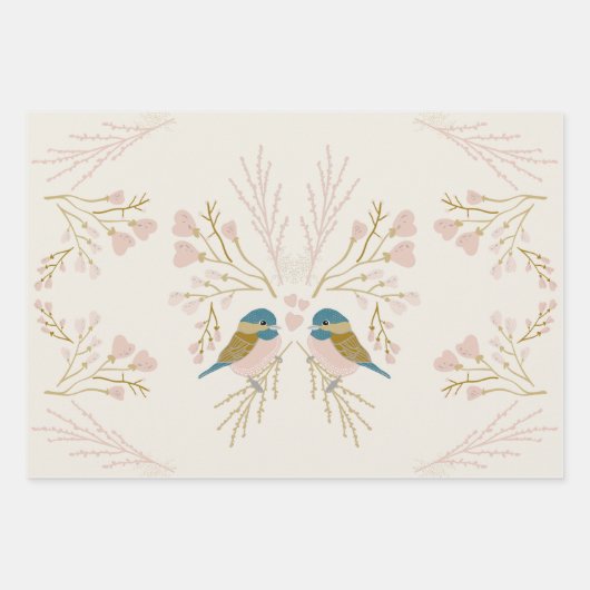 Feuille De Papier Cadeau Cute Chickadee Oiseaux Coeurs Découpage Cadeau (Devant)