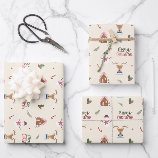 Feuille De Papier Cadeau Cute Christmas Reindeer Snowman Pattern Whimsical (Recto)