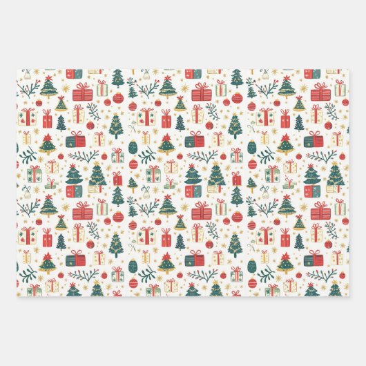 Feuille De Papier Cadeau Cute Christmas Trees Presents Retro Pattern (Devant)