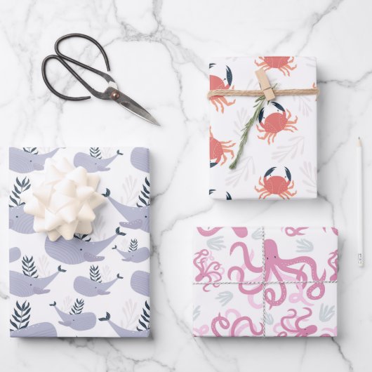 Feuille De Papier Cadeau Cute Crabe De Baleine Nautique Octopus (Recto)