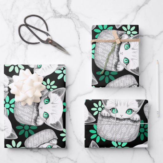 Feuille De Papier Cadeau Cute de chat et pointe joueuse à partir d'une poch (Recto)