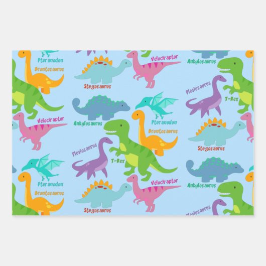 Feuille De Papier Cadeau Cute Dinosaur bleu (Devant)