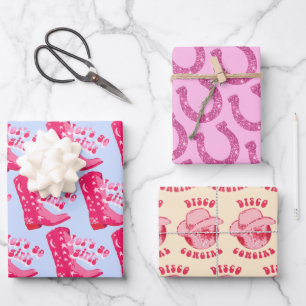 Feuille De Papier Cadeau Cute Disco Cowgirl Horseshoe Rose Bleu Beige