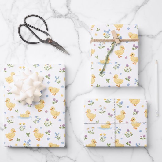 Feuille De Papier Cadeau Cute Ducklings and Wildflowers Pattern (Recto)