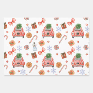 Feuille De Papier Cadeau Cute Festive Noël Vintage voitures et arbres 