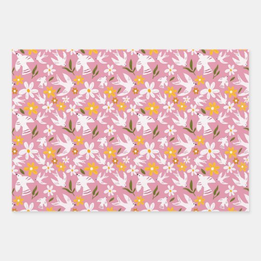 Feuille De Papier Cadeau Cute Floral Bird Seamless Pattern (Devant)