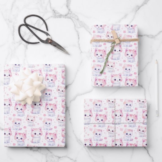 Feuille De Papier Cadeau Cute Fluffy Kittens rose (Recto)