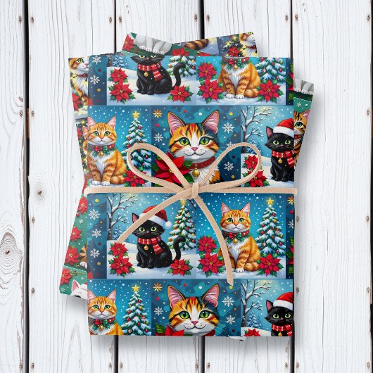 Feuille De Papier Cadeau Cute Folk Art Impasto Cat Festive Christmas