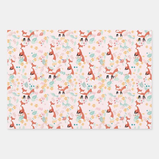 Feuille De Papier Cadeau Cute Fox Floral Rose Design (Devant)