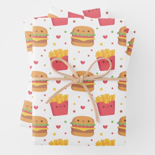Feuille De Papier Cadeau Cute frites et Motif de hamburger (En situation)