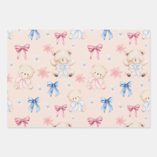 Feuille De Papier Cadeau Cute Girly Bow Teddy Bears Seamless Pattern (Devant)