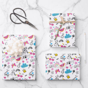 Feuille De Papier Cadeau Cute Girly Unicorn Rainbow Hearts Motif coloré