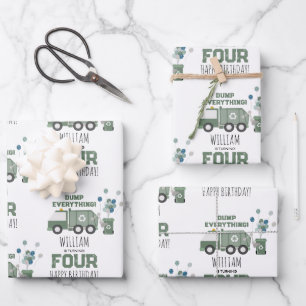 Feuille De Papier Cadeau Cute Green Recycling Camion Enfants Nom Âge Annive