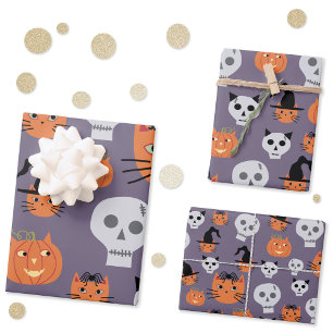 Feuille De Papier Cadeau Cute Halloween Chats et Crânes Éffrayant