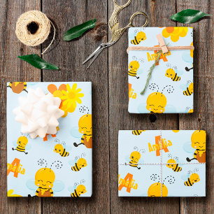 Feuille De Papier Cadeau Cute Happy Bumble Bee with Flowers