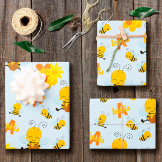 Feuille De Papier Cadeau Cute Happy Bumble Bee with Flowers