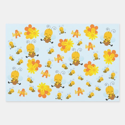 Feuille De Papier Cadeau Cute Happy Bumble Bee with Flowers (Devant)