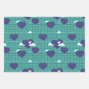 Feuille De Papier Cadeau Cute Hearts Nuages Retro Grille Carré Motif