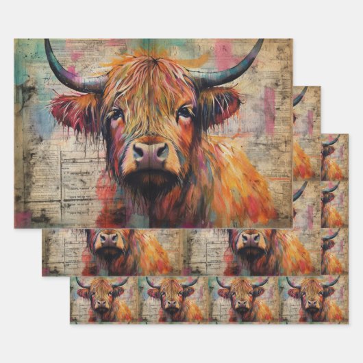 Feuille De Papier Cadeau Cute Highland Cow Portrait Ephemera (Lot)