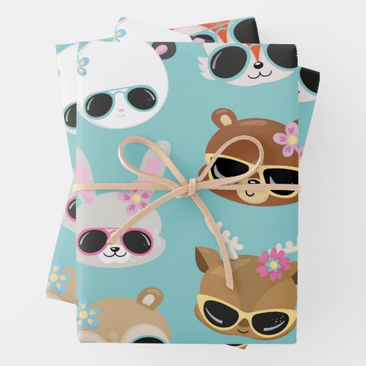 Feuille De Papier Cadeau Cute Kawaii Animaux Lunettes de soleil en bleu (En situation)