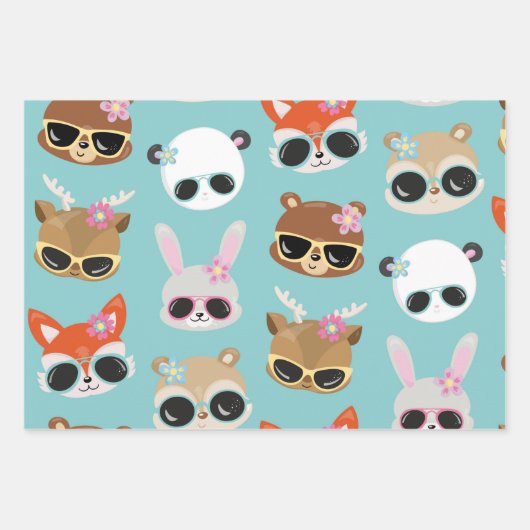 Feuille De Papier Cadeau Cute Kawaii Animaux Lunettes de soleil en bleu (Devant)