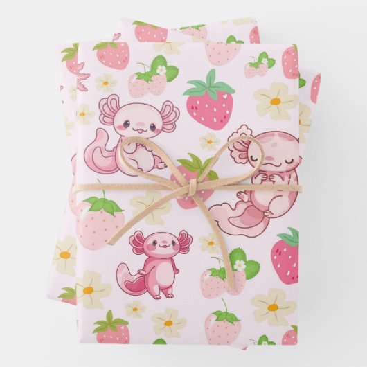 Feuille De Papier Cadeau Cute Kawaii Axolotl & Strawberry Seamless Pattern (En situation)