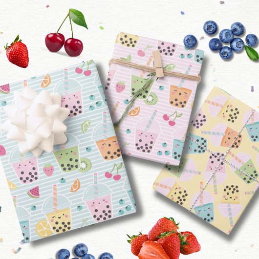 Feuille De Papier Cadeau Cute Kawaii Bubble Tea pastel motifs