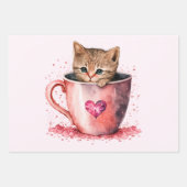 Feuille De Papier Cadeau Cute Kitten dans un Teacup avec les coeurs (Devant)