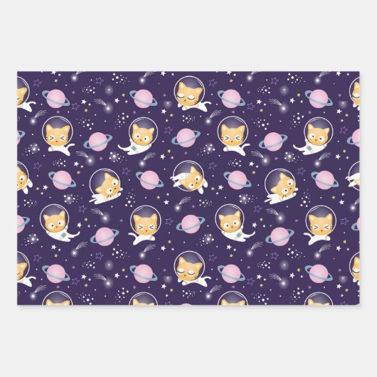 Feuille De Papier Cadeau Cute Kitty Chat Astronauts Motif (Devant 3)