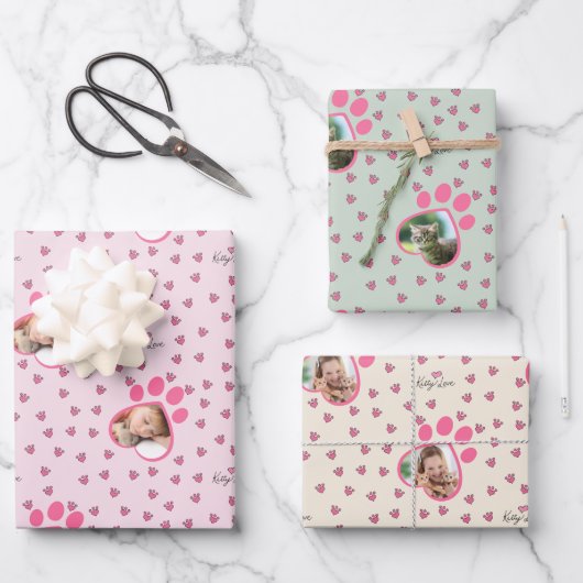 Feuille De Papier Cadeau Cute Kitty Love Trois photos de chat personnalisée (Recto)