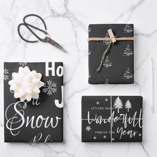 Feuille De Papier Cadeau Cute Let It Snow Black Merry Christmas Citation Ca (Recto)