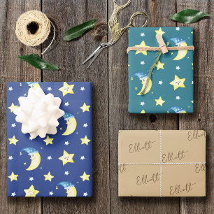 Feuille De Papier Cadeau Cute Moon and Stars Pattern Blue Baby Shower