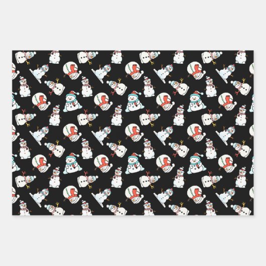 Feuille De Papier Cadeau Cute Motif Snowman - Noir, Blanc Et Rouge (Devant 3)