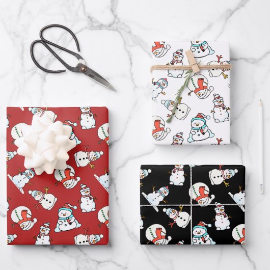 Feuille De Papier Cadeau Cute Motif Snowman - Noir, Blanc Et Rouge (Recto)
