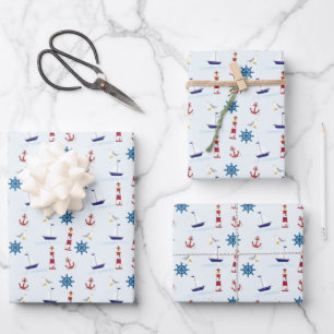 Feuille De Papier Cadeau Cute Nautical Bleu et Rouge Motif à voile