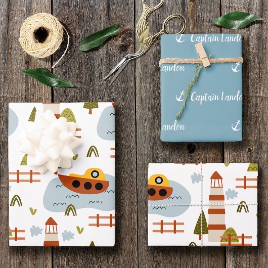 Feuille De Papier Cadeau Cute Nautical Lighthouse Bateau Motif