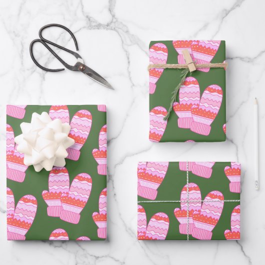 Feuille De Papier Cadeau Cute Nordic Winter Mittens Motif rose et vert (Recto)