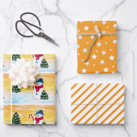 Feuille De Papier Cadeau Cute Orange Snowman Noël Arbre étoile Motif (Recto)