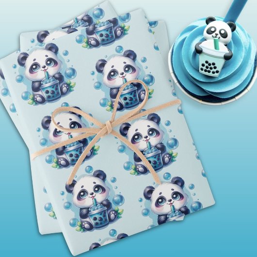 Feuille De Papier Cadeau Cute Panda et Blue Boba Bubble Tea