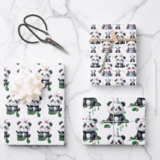 Feuille De Papier Cadeau Cute Panda Motif Ours avec verdure et cadeaux