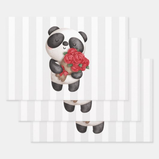 Feuille De Papier Cadeau Cute Panda Ours portant Bouquet de Rose (Lot)