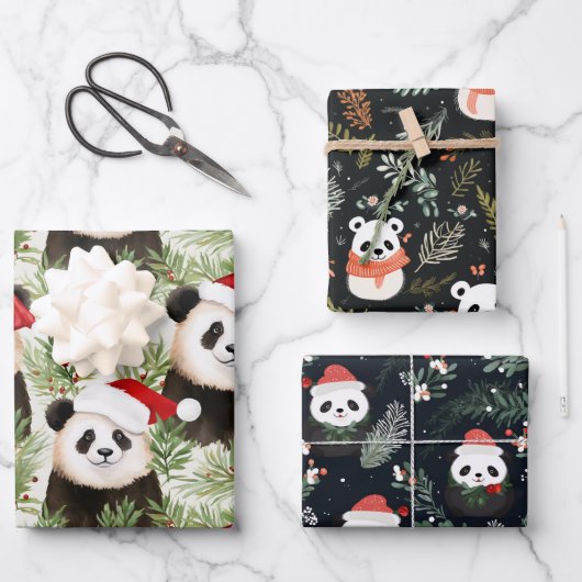 Feuille De Papier Cadeau Cute Panda Rustique Vacances hiver aquarelles (Recto)