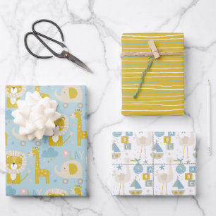 Feuille De Papier Cadeau Cute Pastel Baby Boy Blue Elephant Stork Giraffe