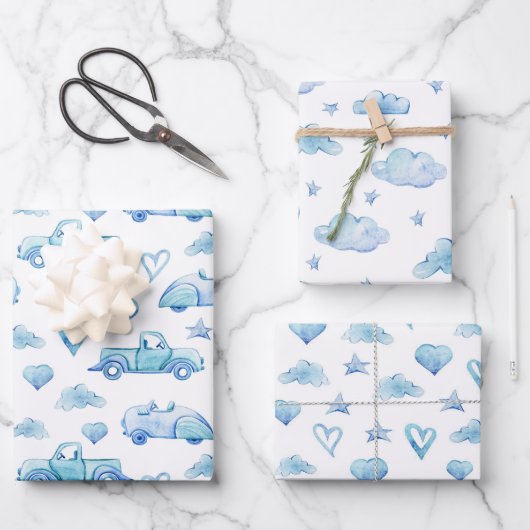 Feuille De Papier Cadeau Cute Pastel Baby Boy Blue Trucks Nuages Coeurs (Recto)