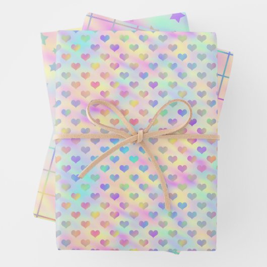 Feuille De Papier Cadeau Cute, Pastel, Coeur Holographique, Étoile et Carré (En situation)